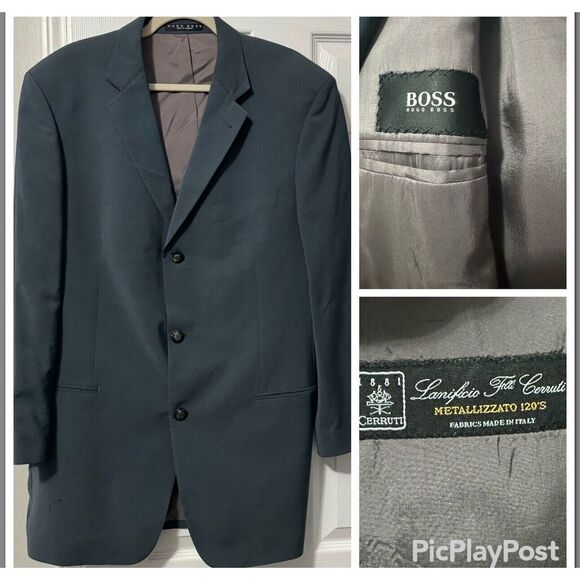 HUGO BOSS 2 Piece Suit 44 L Einstein Sigma 3‎ Button Cerutti 1881 Blue Green